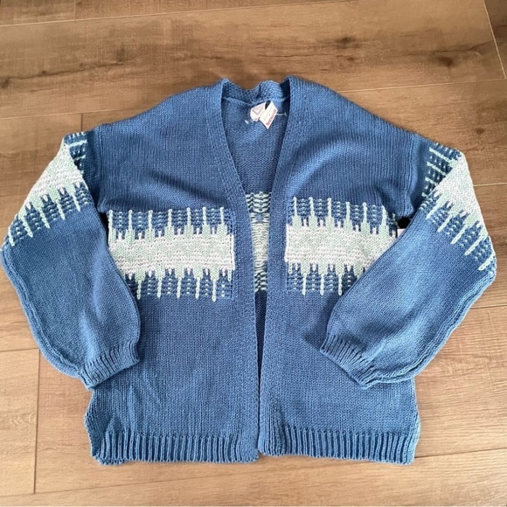 Freshman 1996 Blue Bohemian Fair Isle Medium‎ Cardigan Duster Raglan Sleeves NWT - Picture 10 of 12